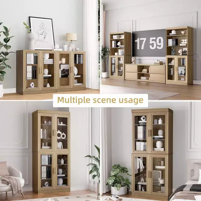 36x31x16 Wood Accent Cabinet with Adjustable Shelf Storage Cabinet Natural-Glass Door