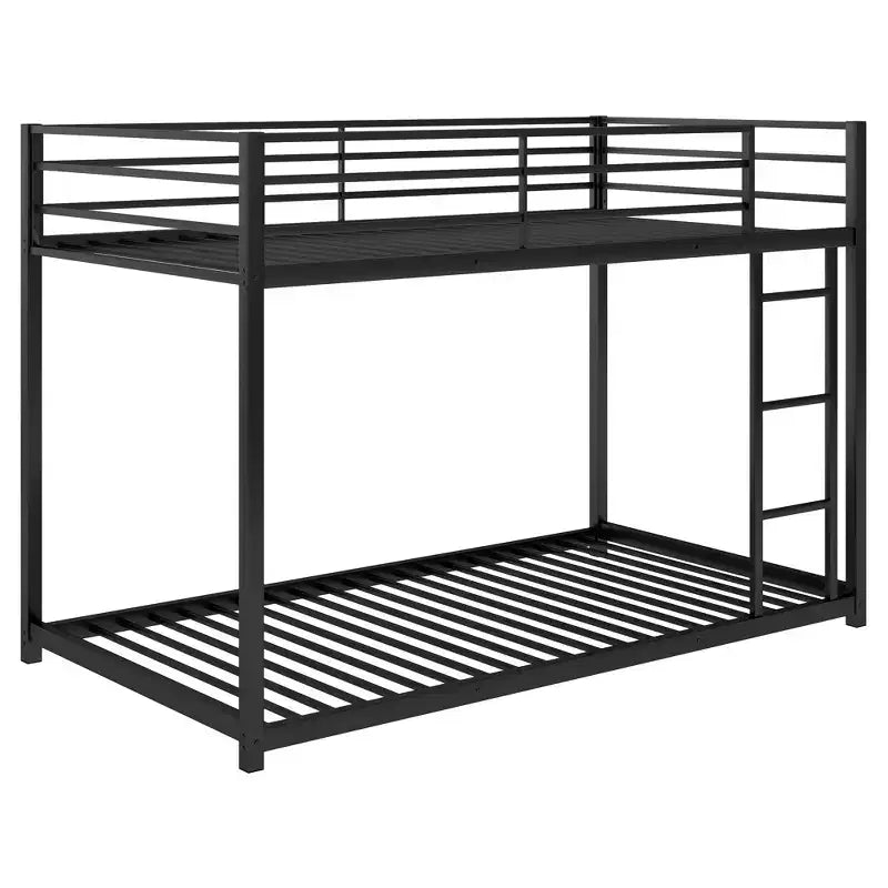 Twin over Twin Metal Low Bunk Bed with Ladder and Guardrail