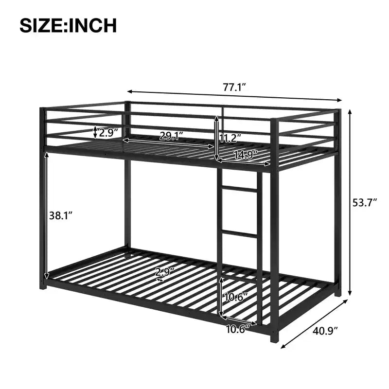 Twin over Twin Metal Low Bunk Bed with Ladder and Guardrail