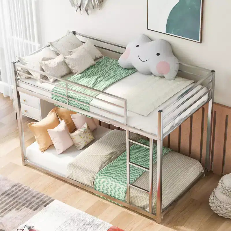 Twin over Twin Metal Low Bunk Bed with Ladder and Guardrail
