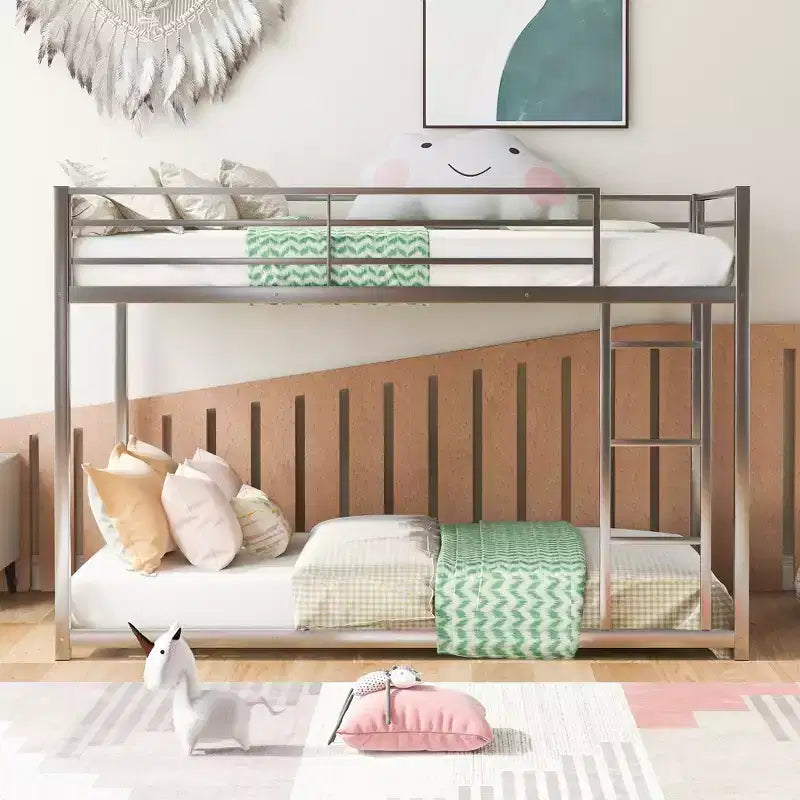 Twin over Twin Metal Low Bunk Bed with Ladder and Guardrail