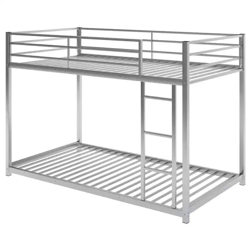 Twin over Twin Metal Low Bunk Bed with Ladder and Guardrail