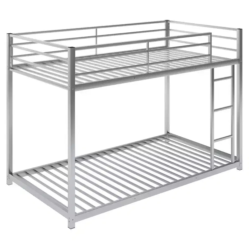 Twin over Twin Metal Low Bunk Bed with Ladder and Guardrail