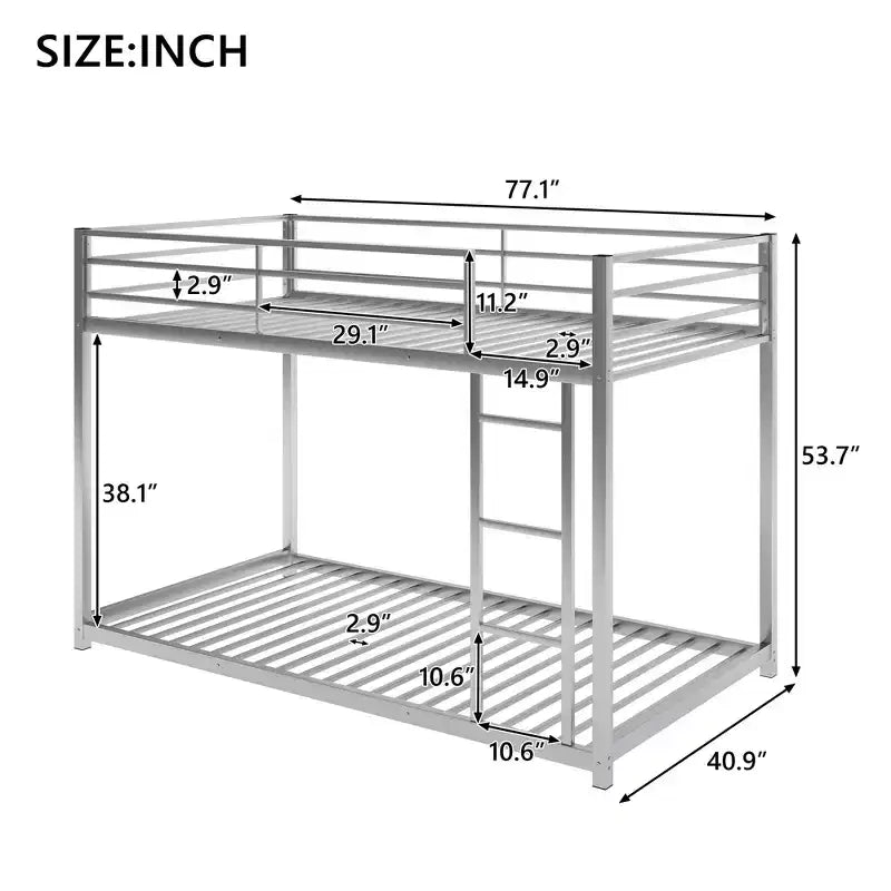 Twin over Twin Metal Low Bunk Bed with Ladder and Guardrail