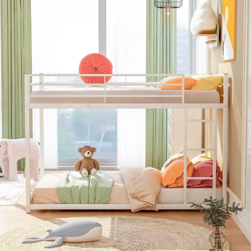 Twin over Twin Metal Low Bunk Bed with Ladder and Guardrail