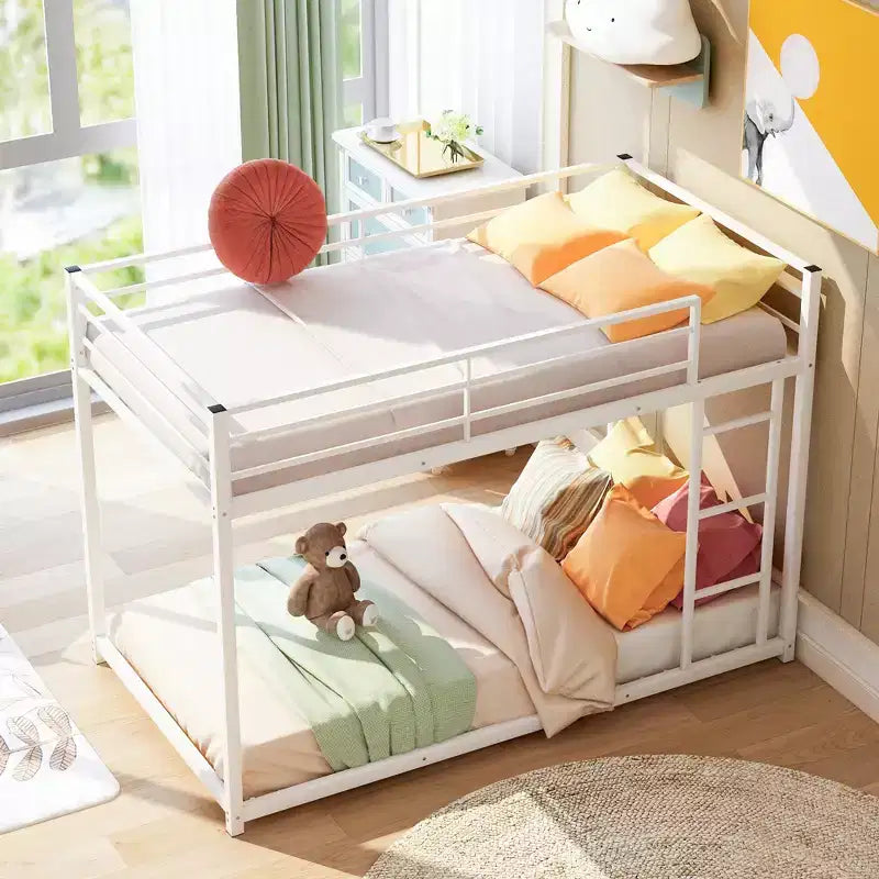 Twin over Twin Metal Low Bunk Bed with Ladder and Guardrail