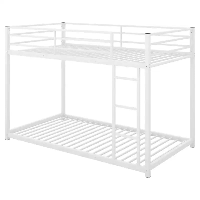 Twin over Twin Metal Low Bunk Bed with Ladder and Guardrail