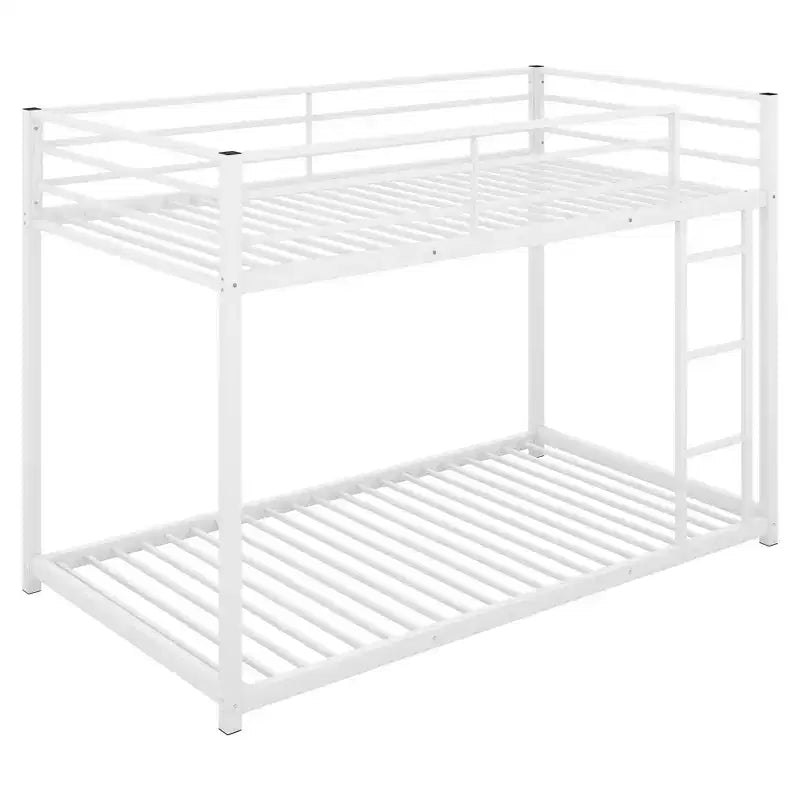 Twin over Twin Metal Low Bunk Bed with Ladder and Guardrail