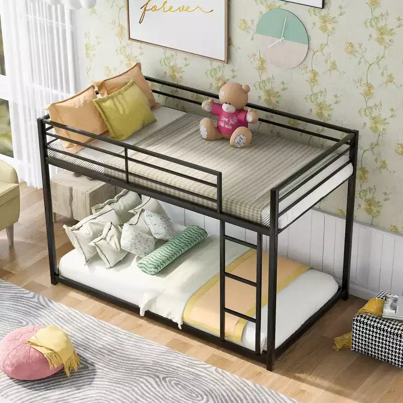 Twin over Twin Metal Low Bunk Bed with Ladder and Guardrail