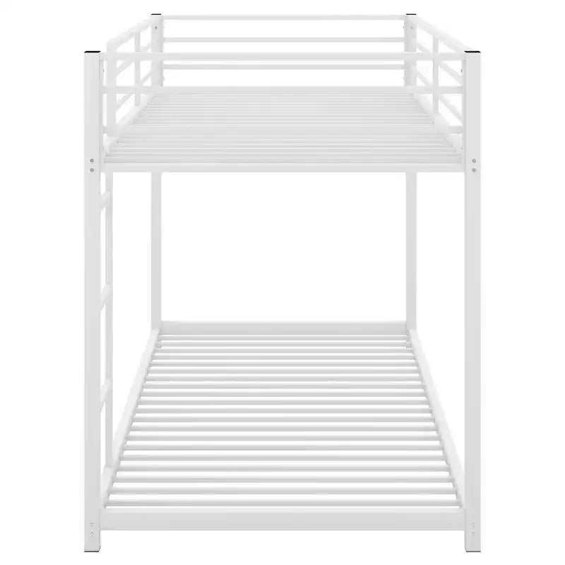 Twin over Twin Metal Low Bunk Bed with Ladder and Guardrail