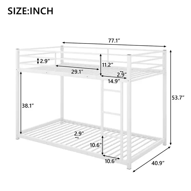 Twin over Twin Metal Low Bunk Bed with Ladder and Guardrail