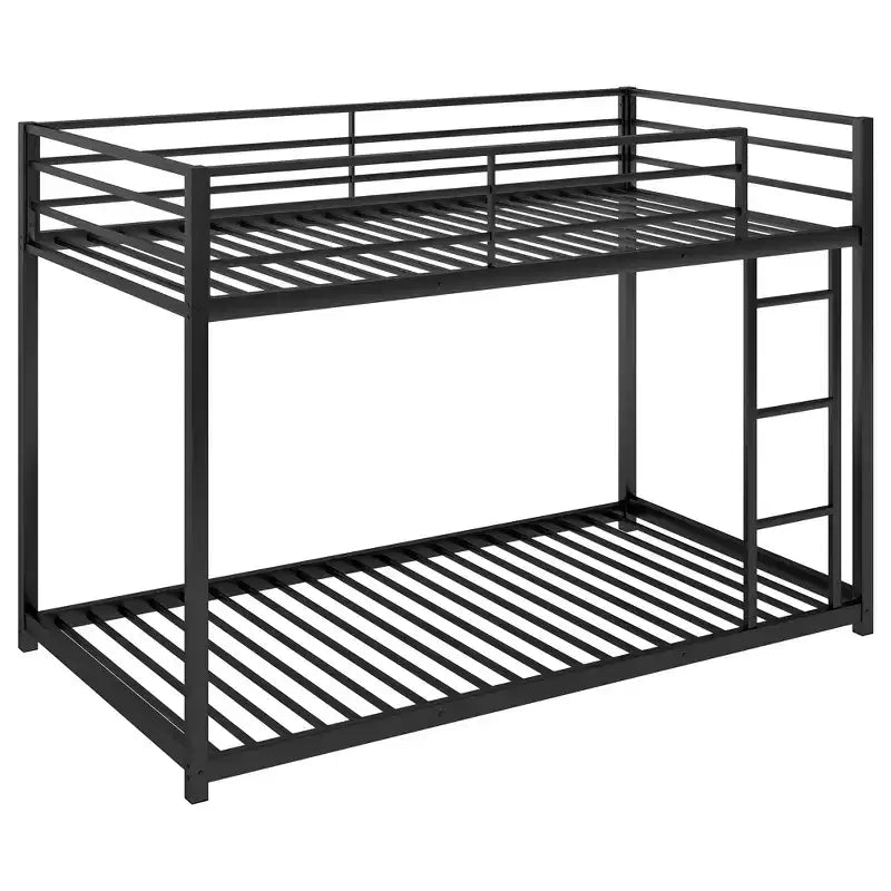Twin over Twin Metal Low Bunk Bed with Ladder and Guardrail