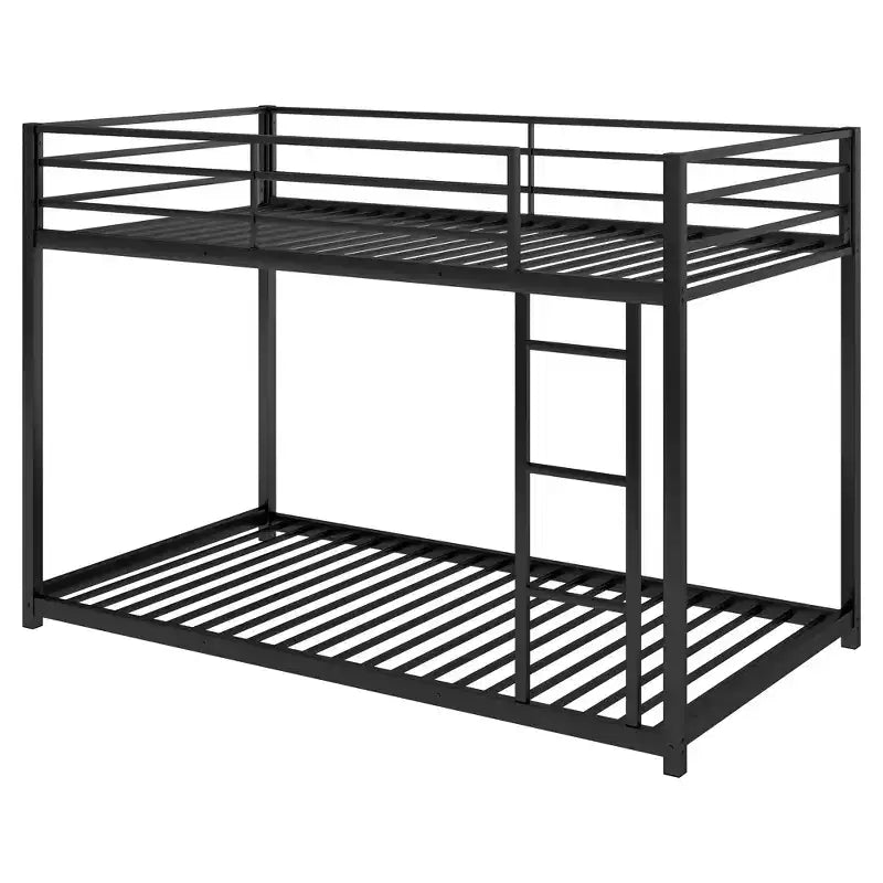 Twin over Twin Metal Low Bunk Bed with Ladder and Guardrail