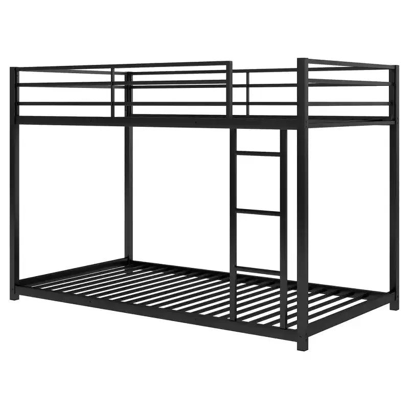 Twin over Twin Metal Low Bunk Bed with Ladder and Guardrail