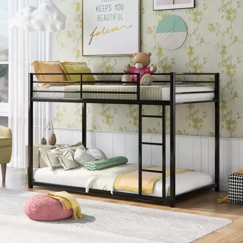 Whisen Twin over Twin Metal Low Bunk Bed with Ladder and Guardrail