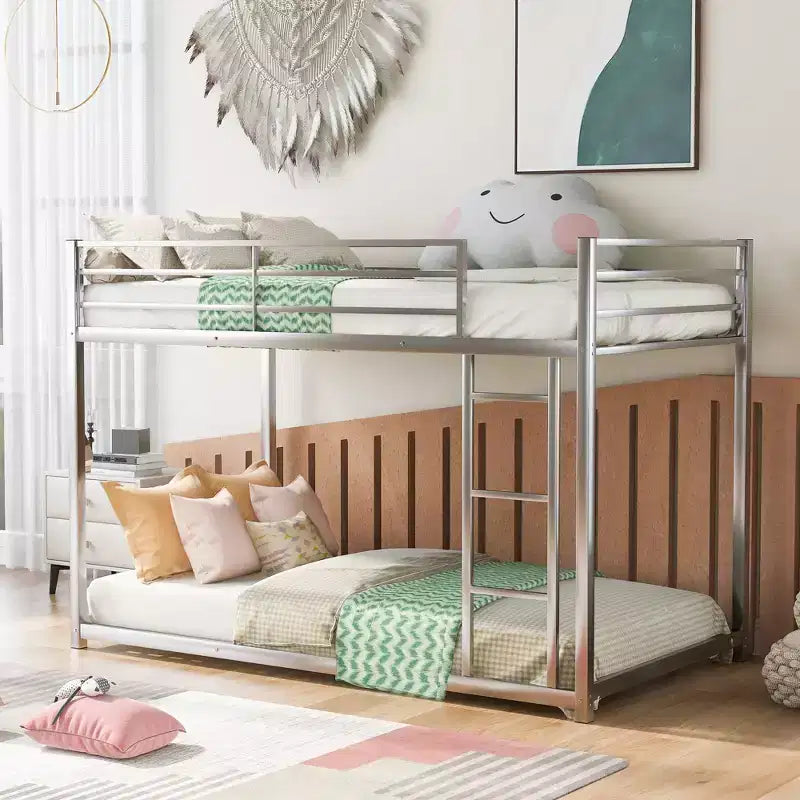 Twin over Twin Metal Low Bunk Bed with Ladder and Guardrail