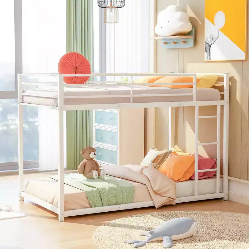 Twin over Twin Metal Low Bunk Bed with Ladder and Guardrail