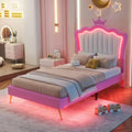 Single Dimension Upholstered Bed Frame with LED Lights, Modern Princess Bed with Crown Headboard and Drawer.