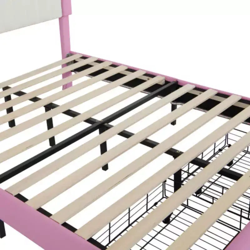 Single Dimension Upholstered Bed Frame with LED Lights, Modern Princess Bed with Crown Headboard and Drawer.