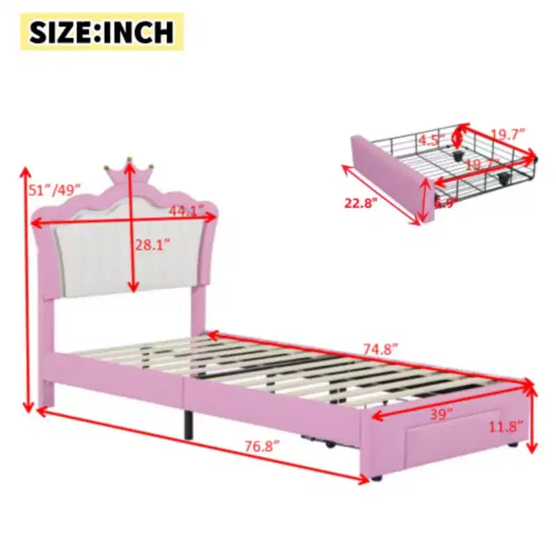 Single Dimension Upholstered Bed Frame with LED Lights, Modern Princess Bed with Crown Headboard and Drawer.