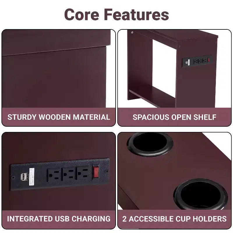 Chairside Table with USB Ports & Outlets, Narrow Side Table for Bedroom & Living Room