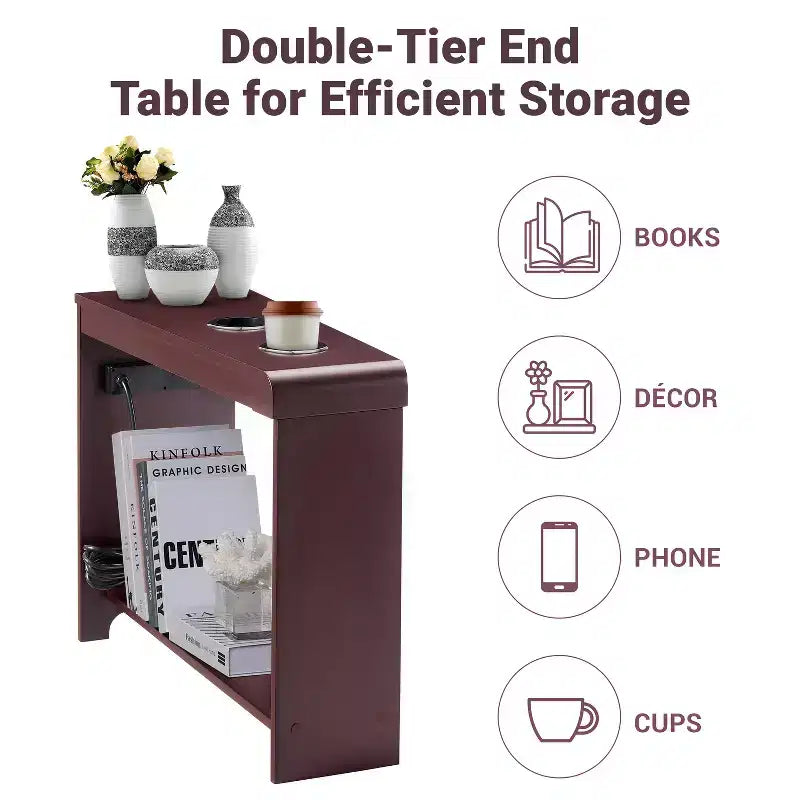 Chairside Table with USB Ports & Outlets, Narrow Side Table for Bedroom & Living Room