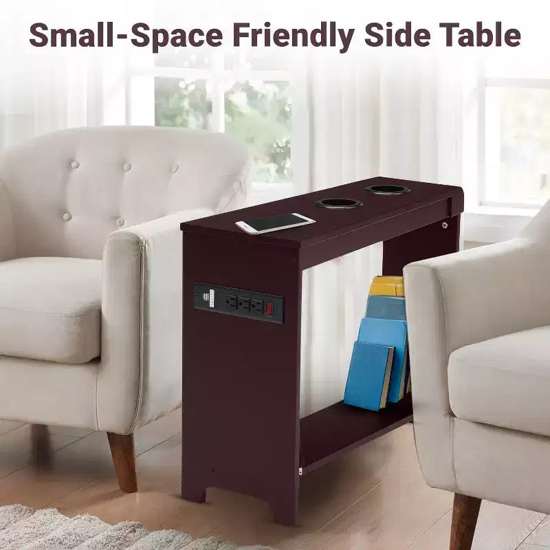 Chairside Table with USB Ports & Outlets, Narrow Side Table for Bedroom & Living Room