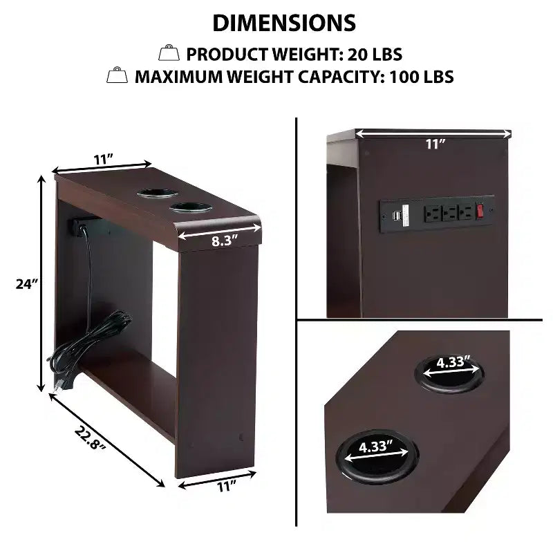 Chairside Table with USB Ports & Outlets, Narrow Side Table for Bedroom & Living Room