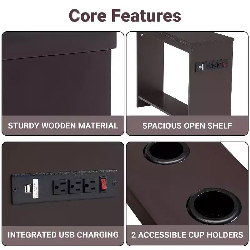 Chairside Table with USB Ports & Outlets, Narrow Side Table for Bedroom & Living Room