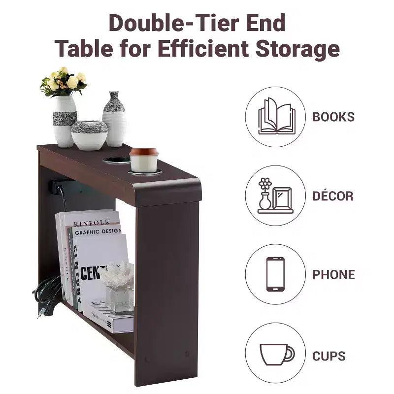 Chairside Table with USB Ports & Outlets, Narrow Side Table for Bedroom & Living Room