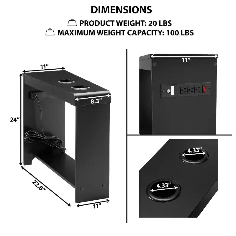 Chairside Table with USB Ports & Outlets, Narrow Side Table for Bedroom & Living Room