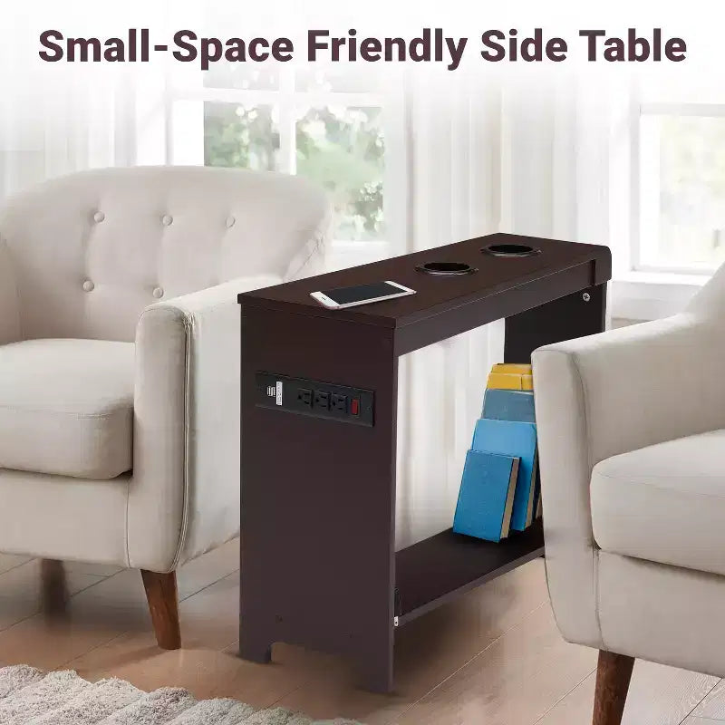 Chairside Table with USB Ports & Outlets, Narrow Side Table for Bedroom & Living Room