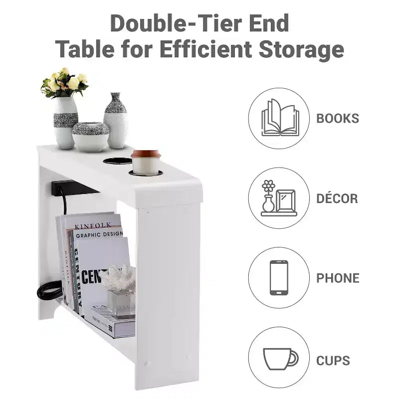 Chairside Table with USB Ports & Outlets, Narrow Side Table for Bedroom & Living Room