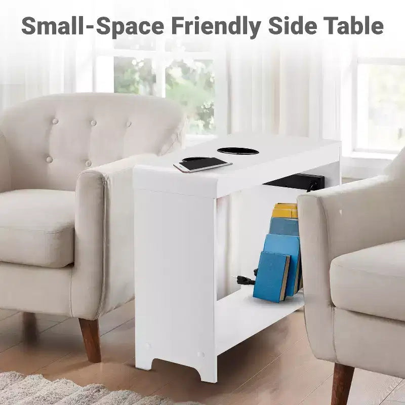 Chairside Table with USB Ports & Outlets, Narrow Side Table for Bedroom & Living Room