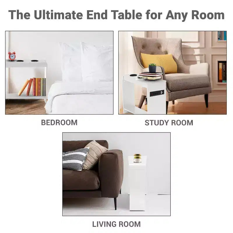 Chairside Table with USB Ports & Outlets, Narrow Side Table for Bedroom & Living Room