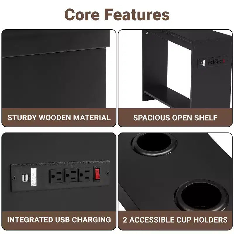 Chairside Table with USB Ports & Outlets, Narrow Side Table for Bedroom & Living Room
