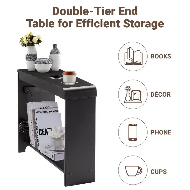 Chairside Table with USB Ports & Outlets, Narrow Side Table for Bedroom & Living Room