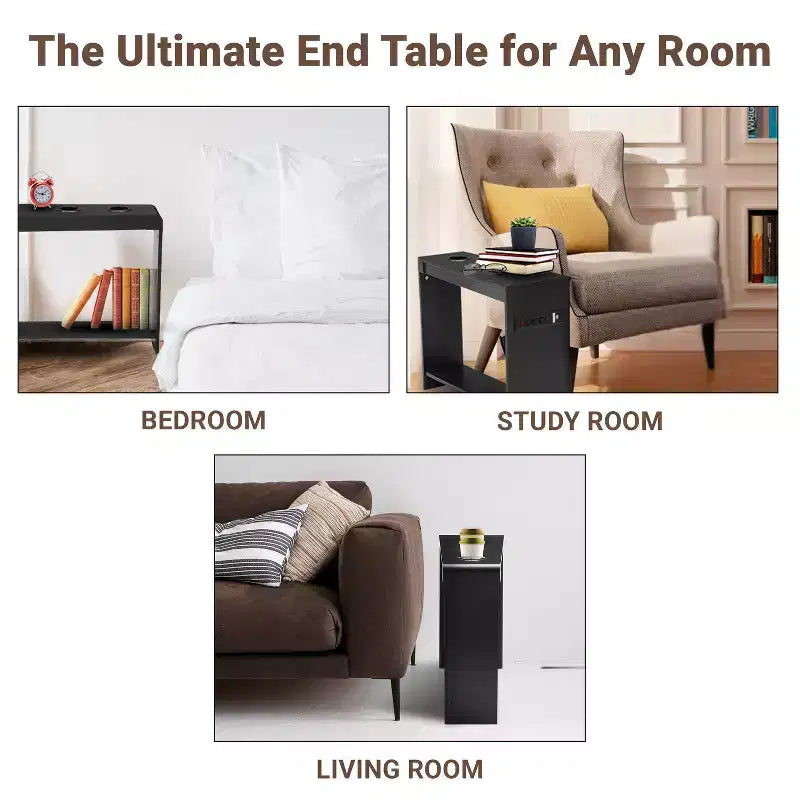 Chairside Table with USB Ports & Outlets, Narrow Side Table for Bedroom & Living Room