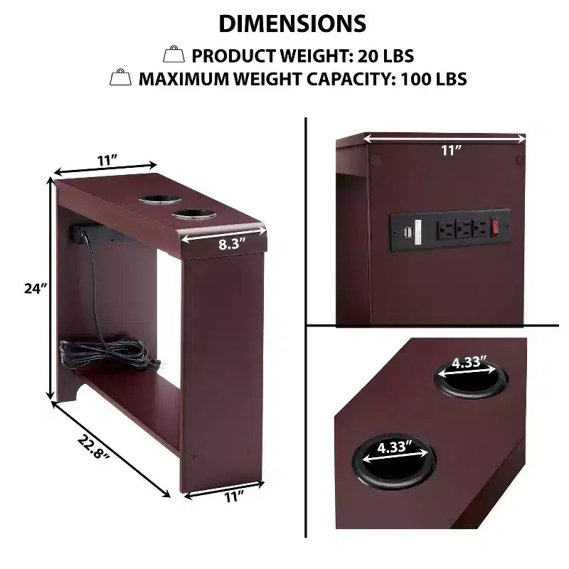 Chairside Table with USB Ports & Outlets, Narrow Side Table for Bedroom & Living Room