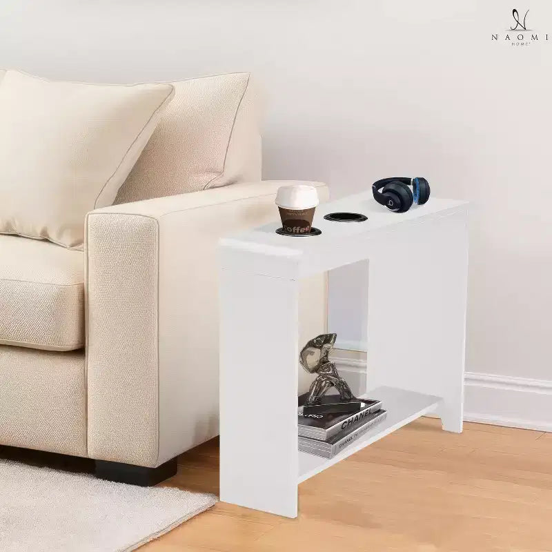 Chairside Table with USB Ports & Outlets, Narrow Side Table for Bedroom & Living Room