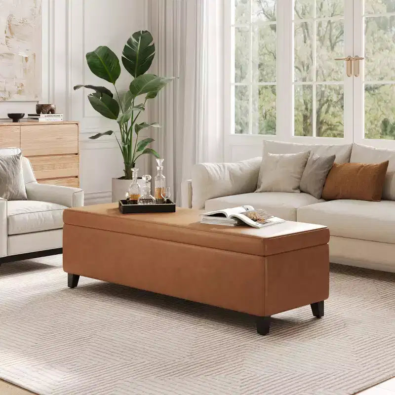 Contemporary Birch Wood Upholstered Storage Ottoman