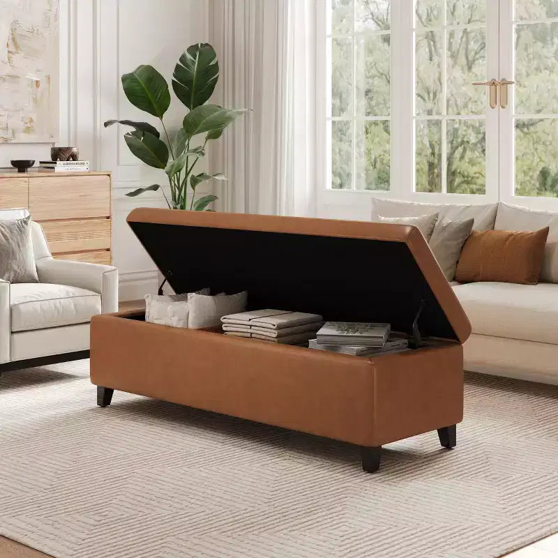Contemporary Birch Wood Upholstered Storage Ottoman