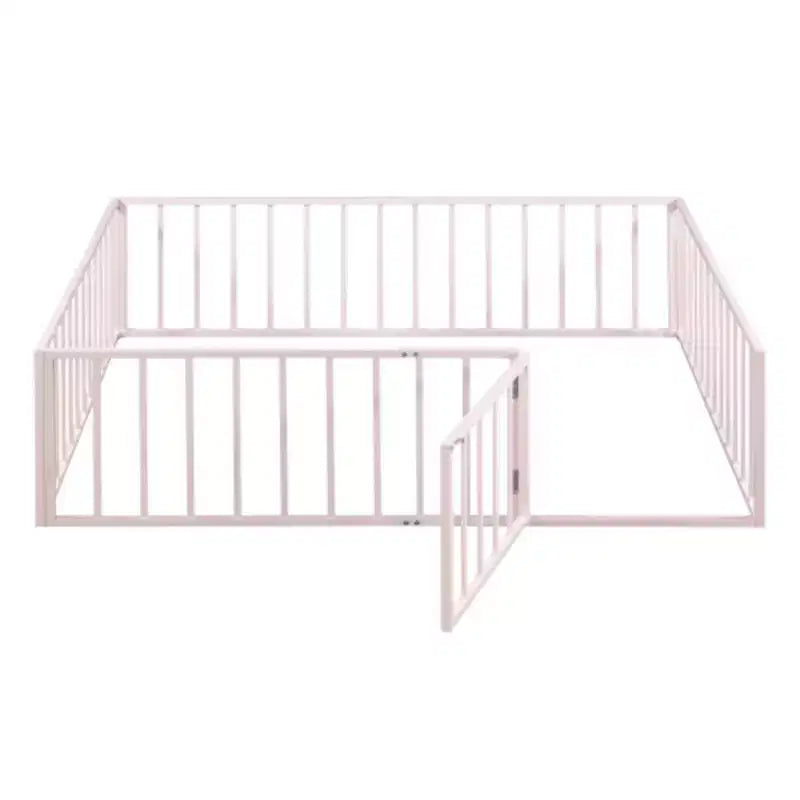 Pink Full-Size Metal Bed Frame with Fence and Door Feature