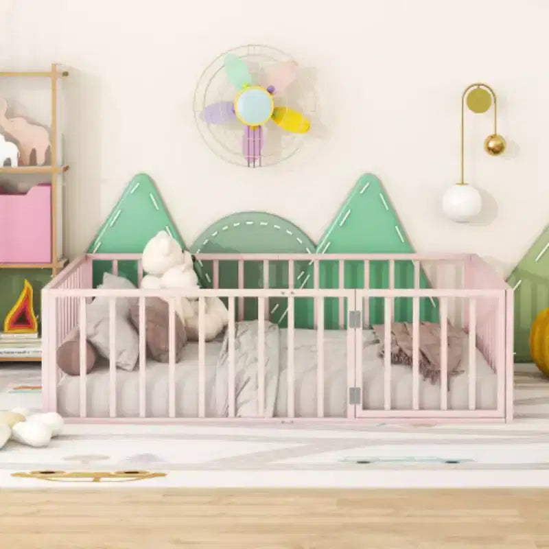 Pink Full-Size Metal Bed Frame with Fence and Door Feature