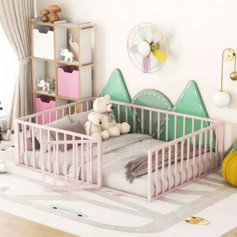 Pink Full-Size Metal Bed Frame with Fence and Door Feature