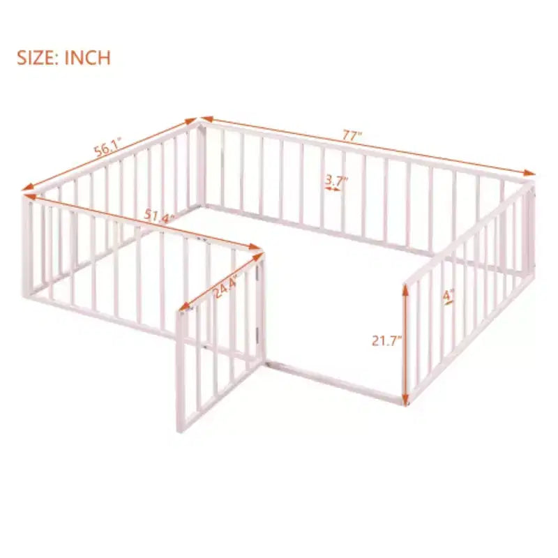 Pink Full-Size Metal Bed Frame with Fence and Door Feature