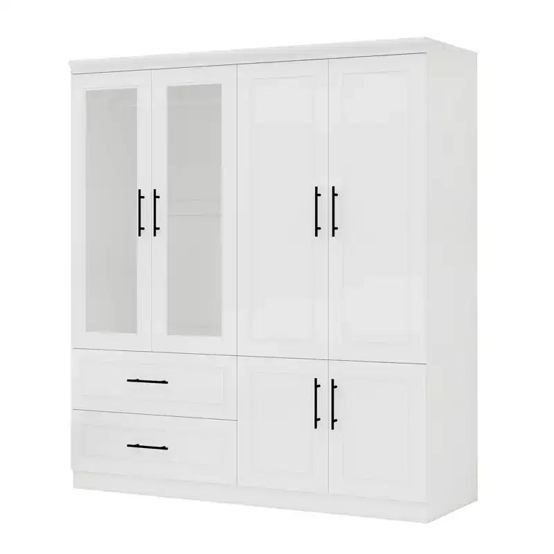 White Wood 63 in. Armoire with 2 Drawers and 6 Doors