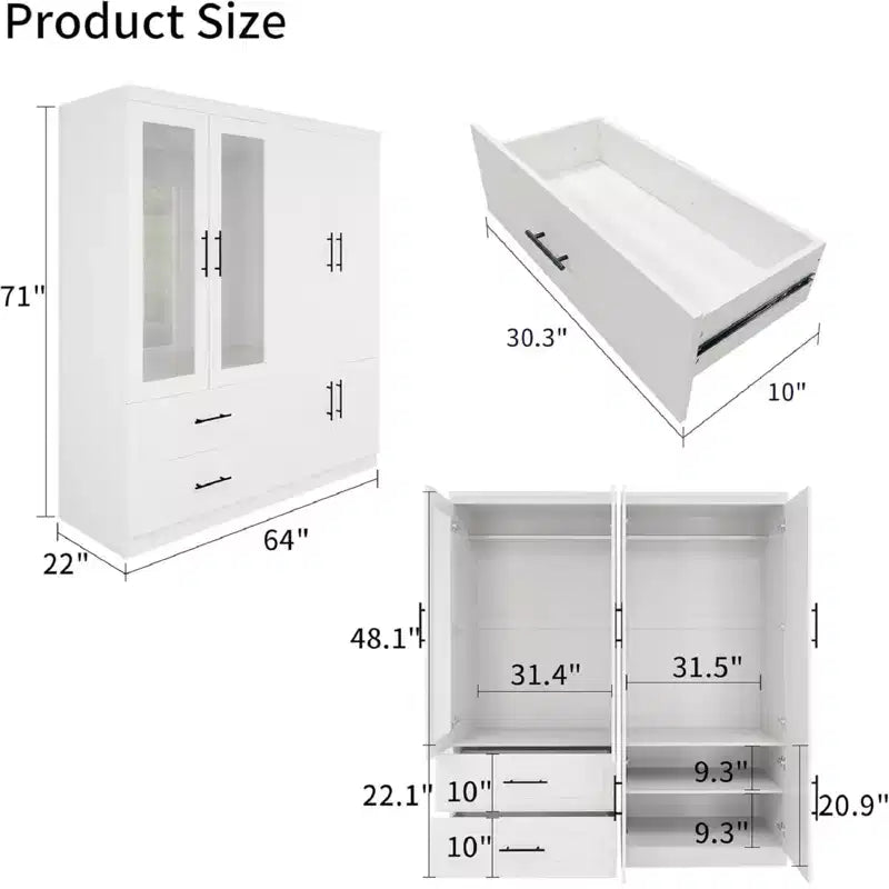 White Wood 63 in. Armoire with 2 Drawers and 6 Doors