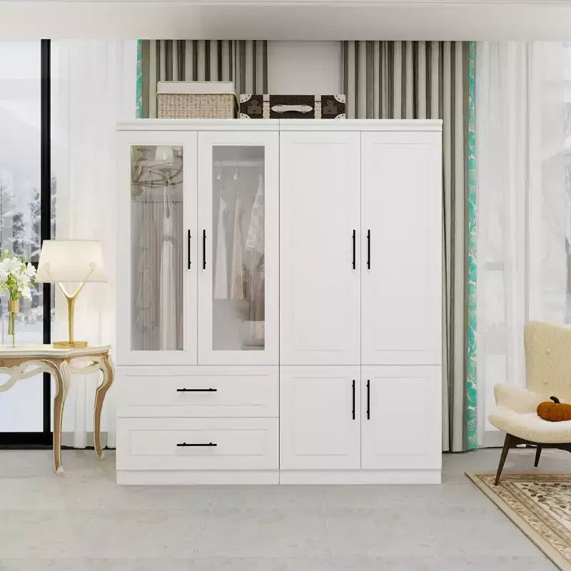 White Wood 63 in. Armoire with 2 Drawers and 6 Doors
