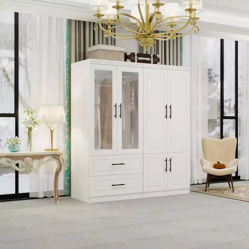 White Wood 63 in. Armoire with 2 Drawers and 6 Doors